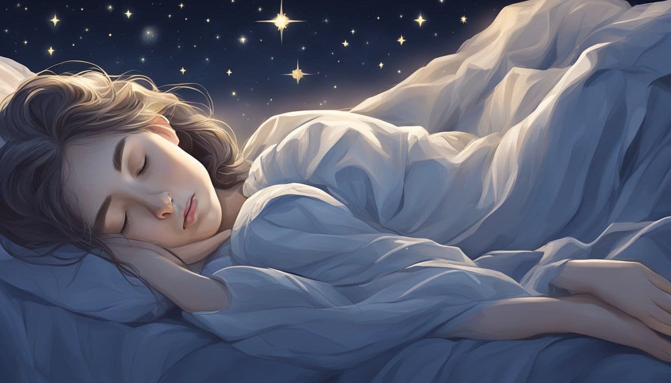 A serene figure peacefully lies down to sleep, surrounded by a tranquil night sky with stars twinkling above