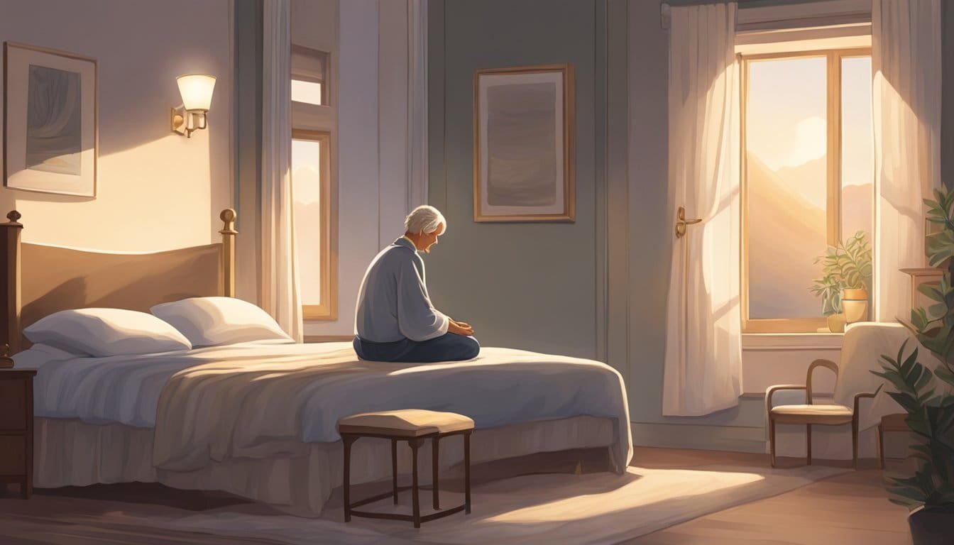 A figure kneels beside a bed, head bowed in prayer. Soft moonlight filters through the window, casting a peaceful glow over the room. A sense of serenity and gratitude fills the air