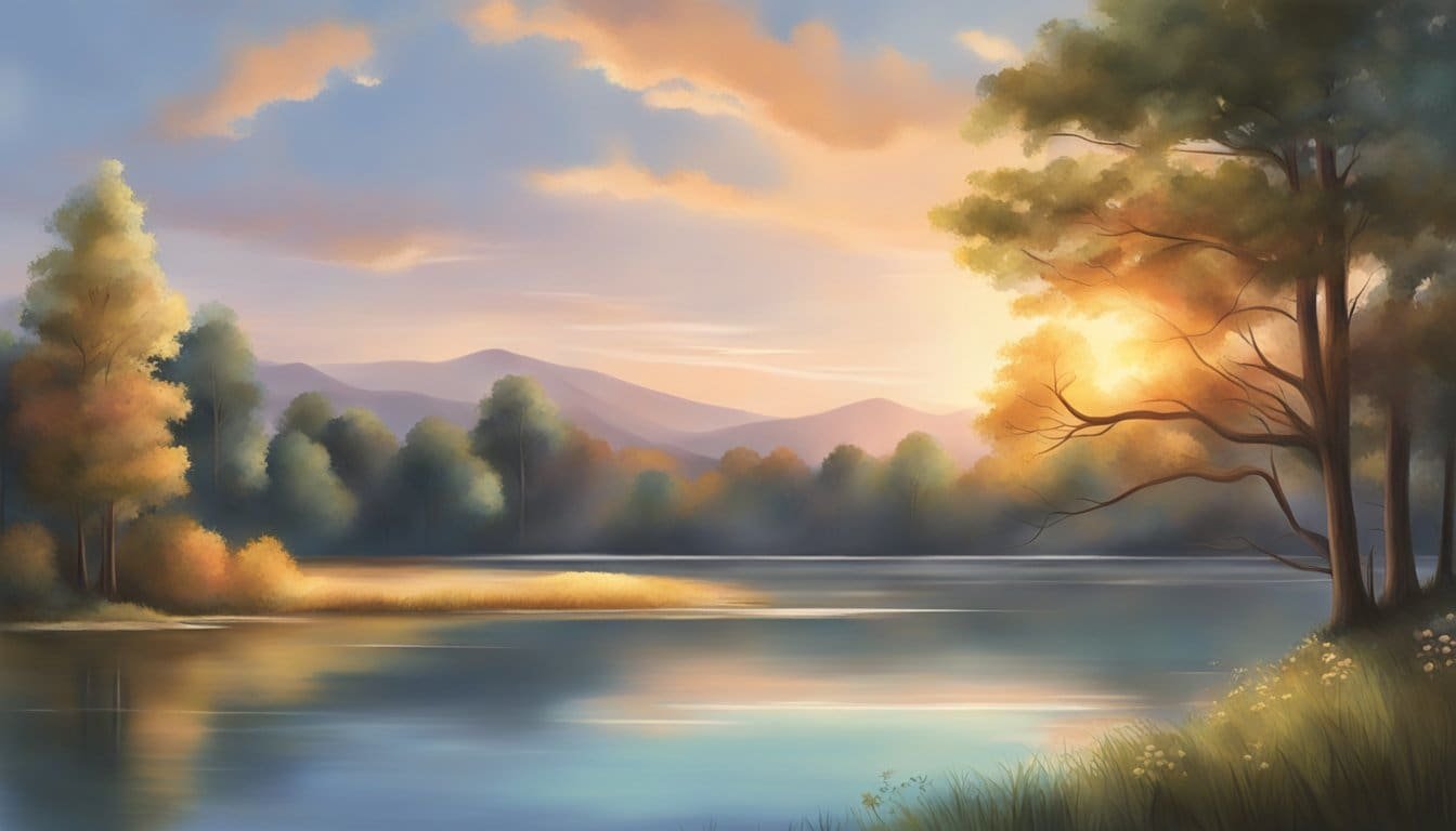 A serene sunset over a tranquil lake, with a gentle breeze rustling the surrounding trees, creating a sense of peace and calm