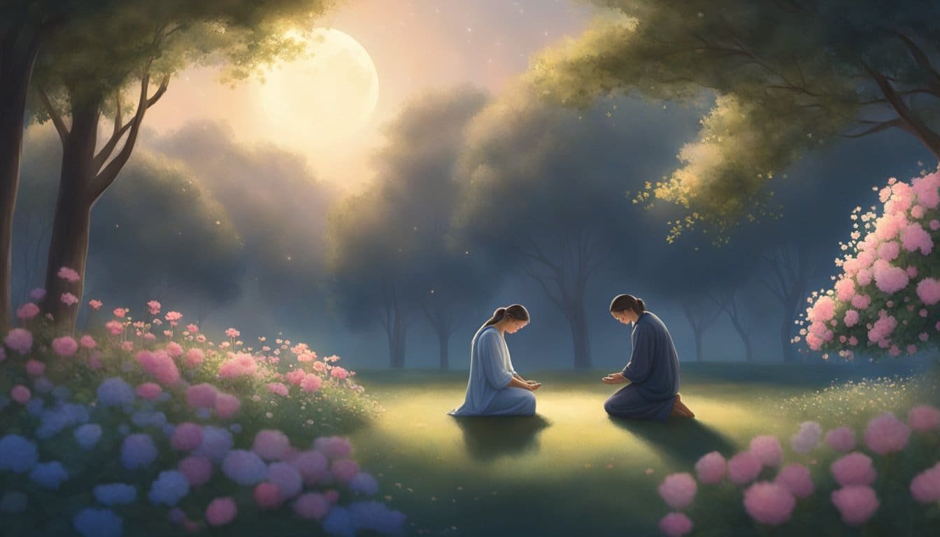 A serene figure kneels in a moonlit garden, head bowed in prayer. Soft light illuminates the surrounding flowers and trees, creating a peaceful atmosphere for contemplation and rest