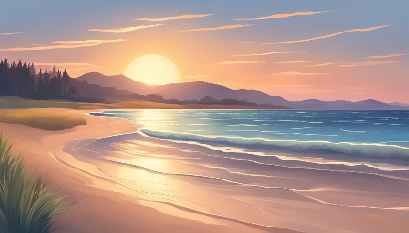 A serene sunset over a peaceful landscape, with gentle waves lapping at the shore and a clear sky above, conveying a sense of tranquility and stillness
