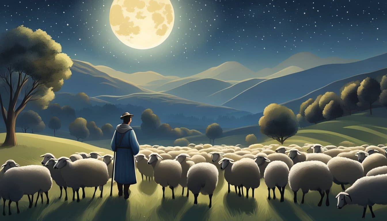A serene, moonlit landscape with a peaceful shepherd tending to a flock of sheep under a starry sky
