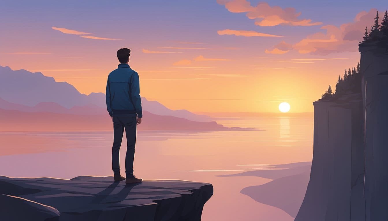A figure standing on the edge of a peaceful, serene cliff, looking out at a tranquil sunset, with a sense of calm and relief