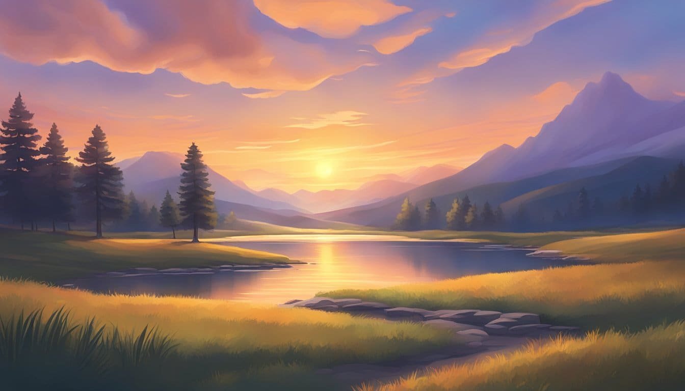 A serene sunset over a tranquil landscape, with a glowing sky and a sense of peace and contentment