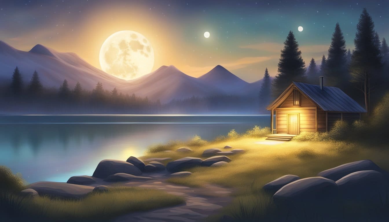 A serene, moonlit landscape with a glowing aura of protection surrounding a peaceful sleeping area