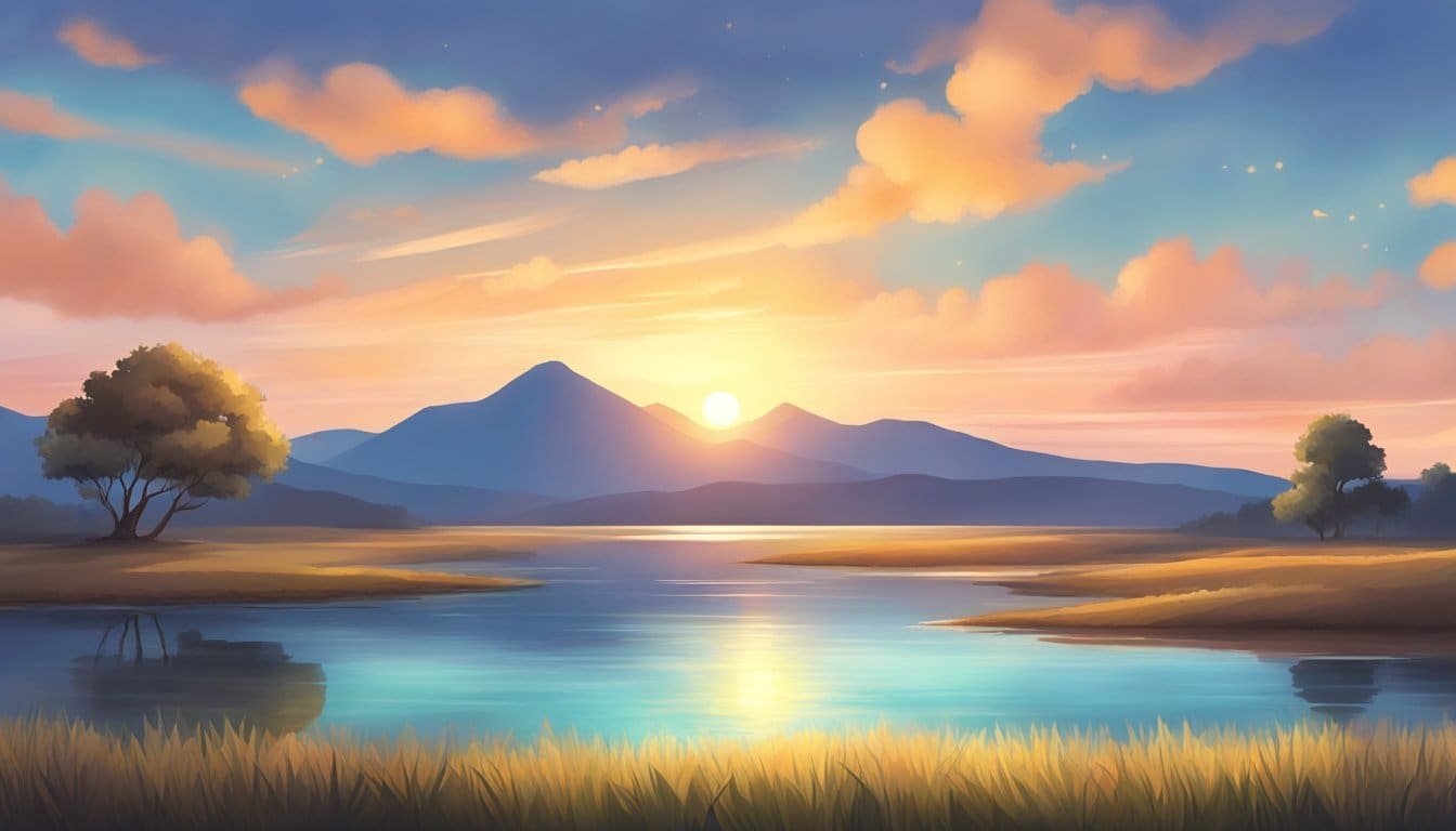 A serene sunset with a peaceful landscape, a gentle breeze, and a sense of tranquility