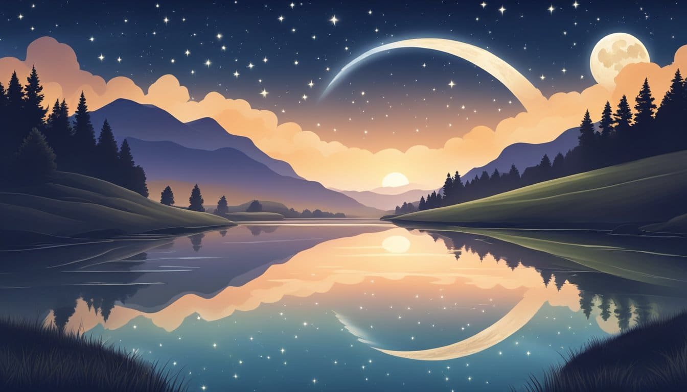 A serene night sky with a glowing moon and stars, surrounded by a peaceful landscape of rolling hills and a calm, flowing river