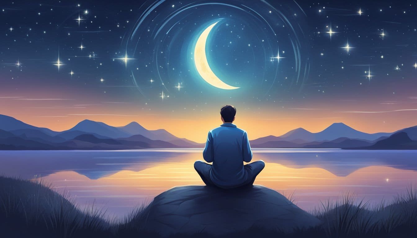 A serene, starry night with a peaceful landscape and a glowing moon. A figure kneeling in prayer, surrounded by a sense of calm and tranquility