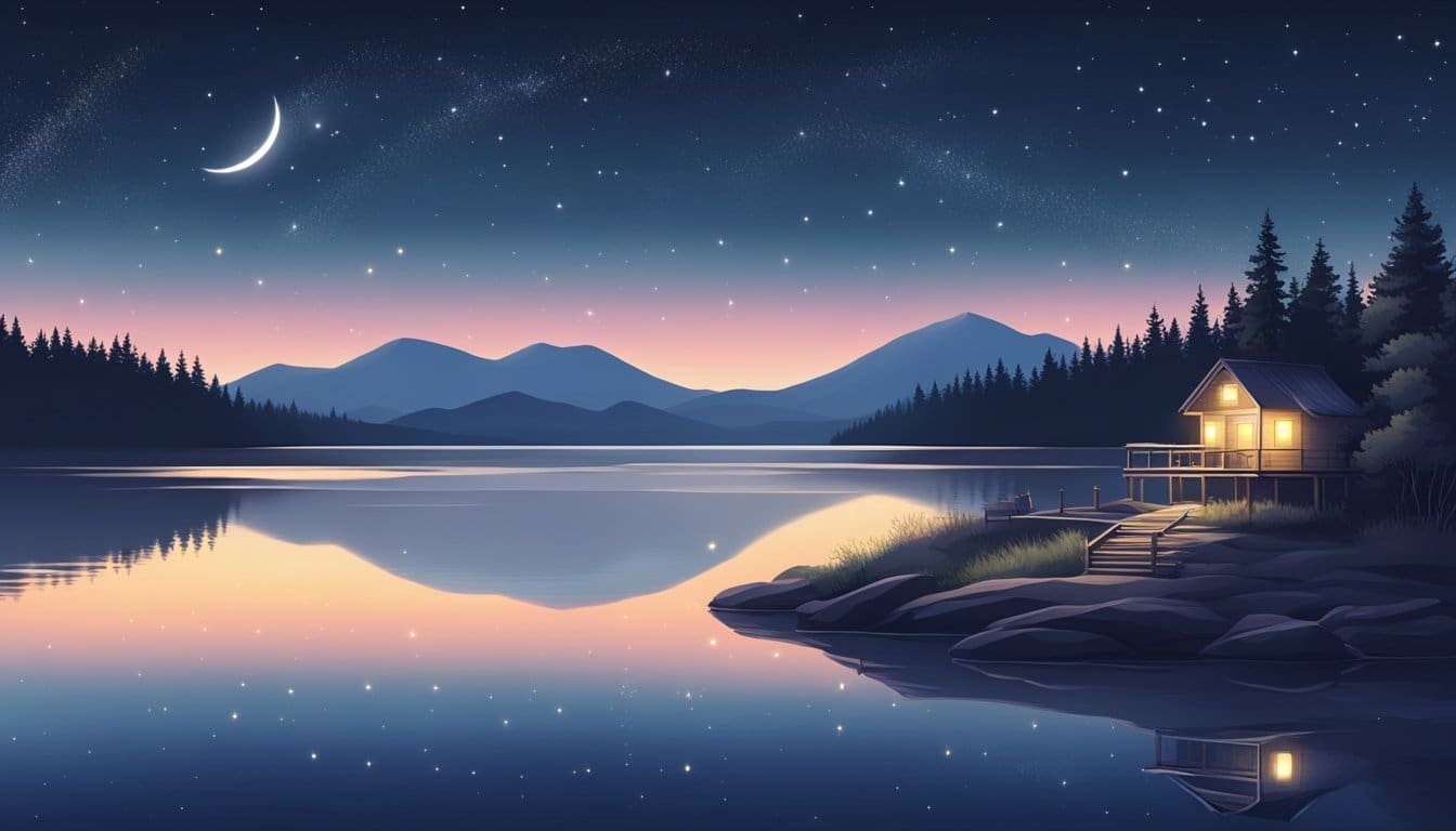 A serene night sky with a crescent moon and twinkling stars, a peaceful landscape with a calm body of water, and a soft glow emanating from a distant source, evoking a sense of tranquility and spiritual connection