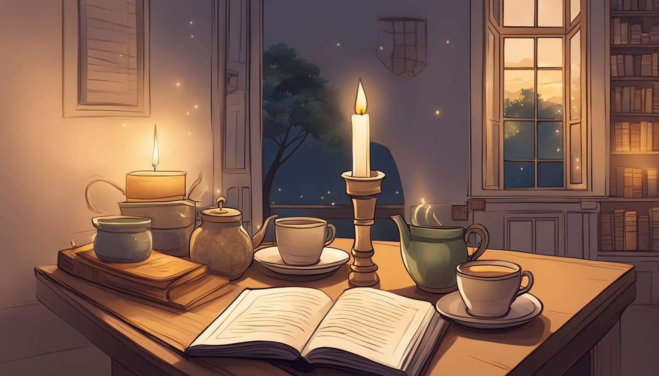 A serene evening scene with a candlelit room, an open journal with calming prayers written on its pages, and a warm cup of tea nearby