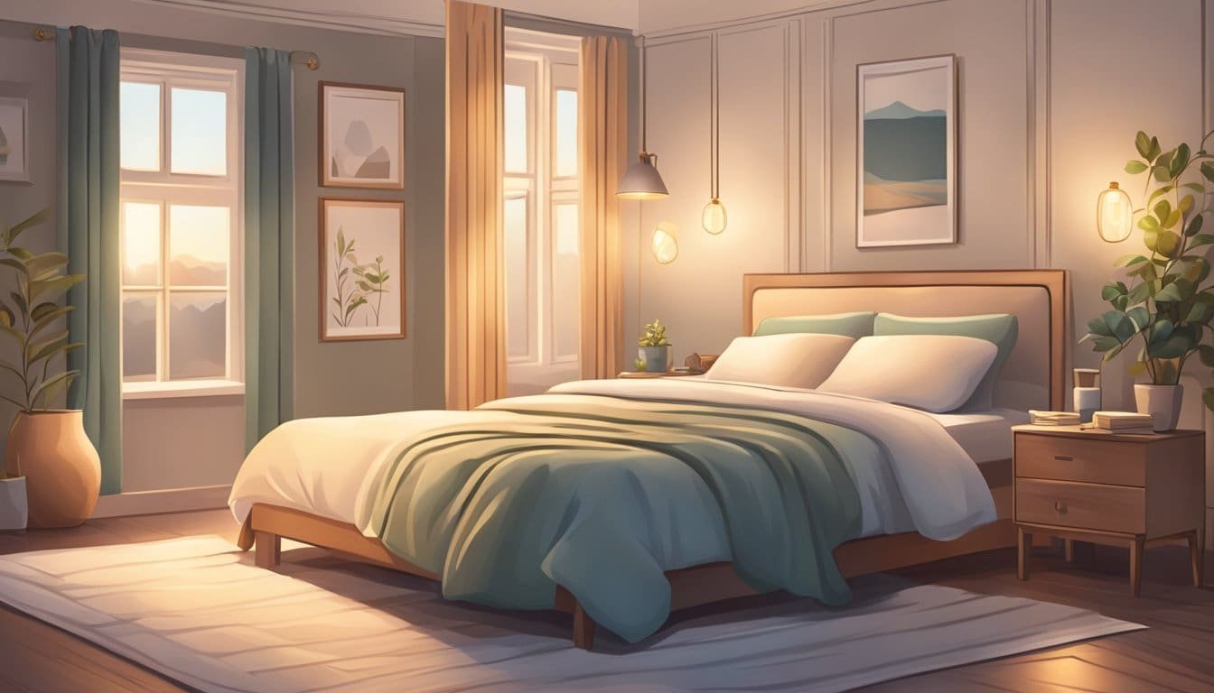 A serene bedroom with a soft glow from a bedside lamp, a cozy bed with plush pillows, and a small table with a journal and a lit candle for nightly prayers