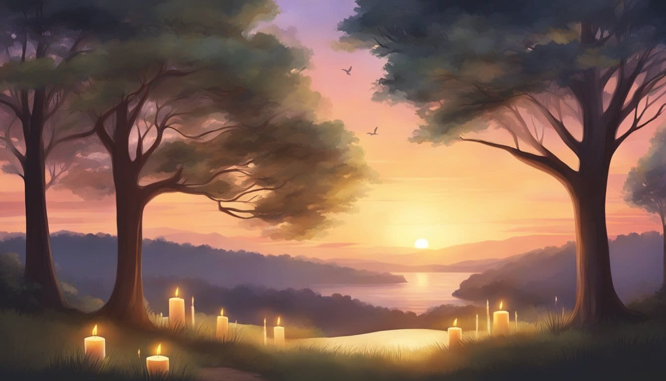 A serene sunset over a tranquil landscape, with a gentle breeze rustling through the trees and the soft glow of candles illuminating a peaceful evening prayer