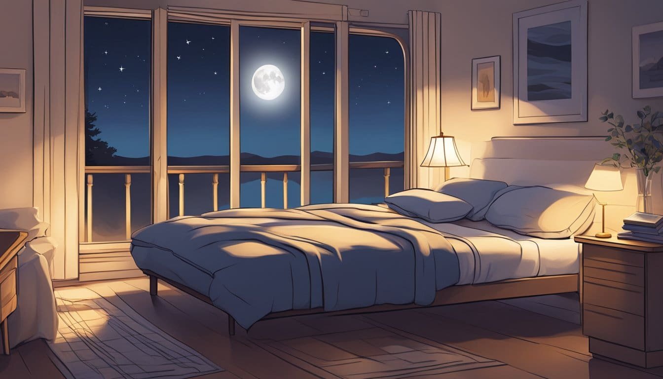 A peaceful bedroom with dim lighting, a cozy bed, and a nightstand holding a book of prayers. Outside, the moon shines through the window, casting a calming glow over the room