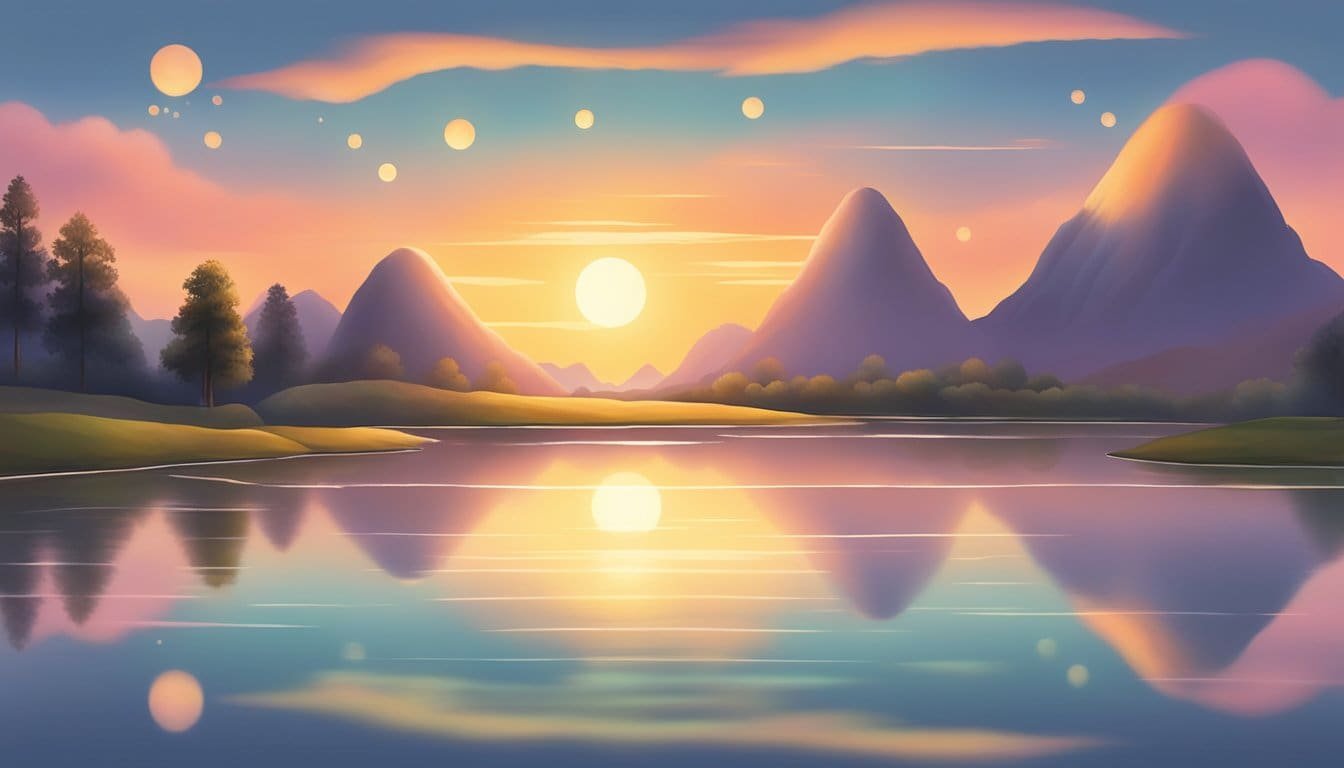 A serene sunset over a tranquil landscape, with 10 glowing orbs representing prayers, each one radiating a sense of peace and reflection