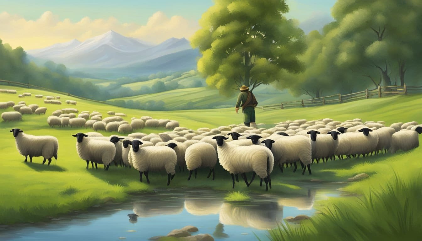 A serene landscape with lush green pastures and still waters, with a shepherd guiding a flock of sheep