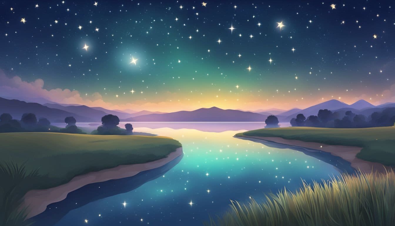 A peaceful night sky with stars shining brightly over a calm and serene landscape