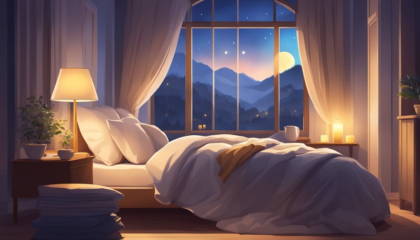 A cozy bed with a soft pillow and a warm blanket, surrounded by a peaceful and serene atmosphere, with a gentle glow of moonlight shining through the window