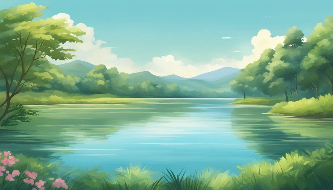 A serene landscape with a calm body of water, surrounded by lush greenery and a clear sky, conveying a sense of peace and stillness