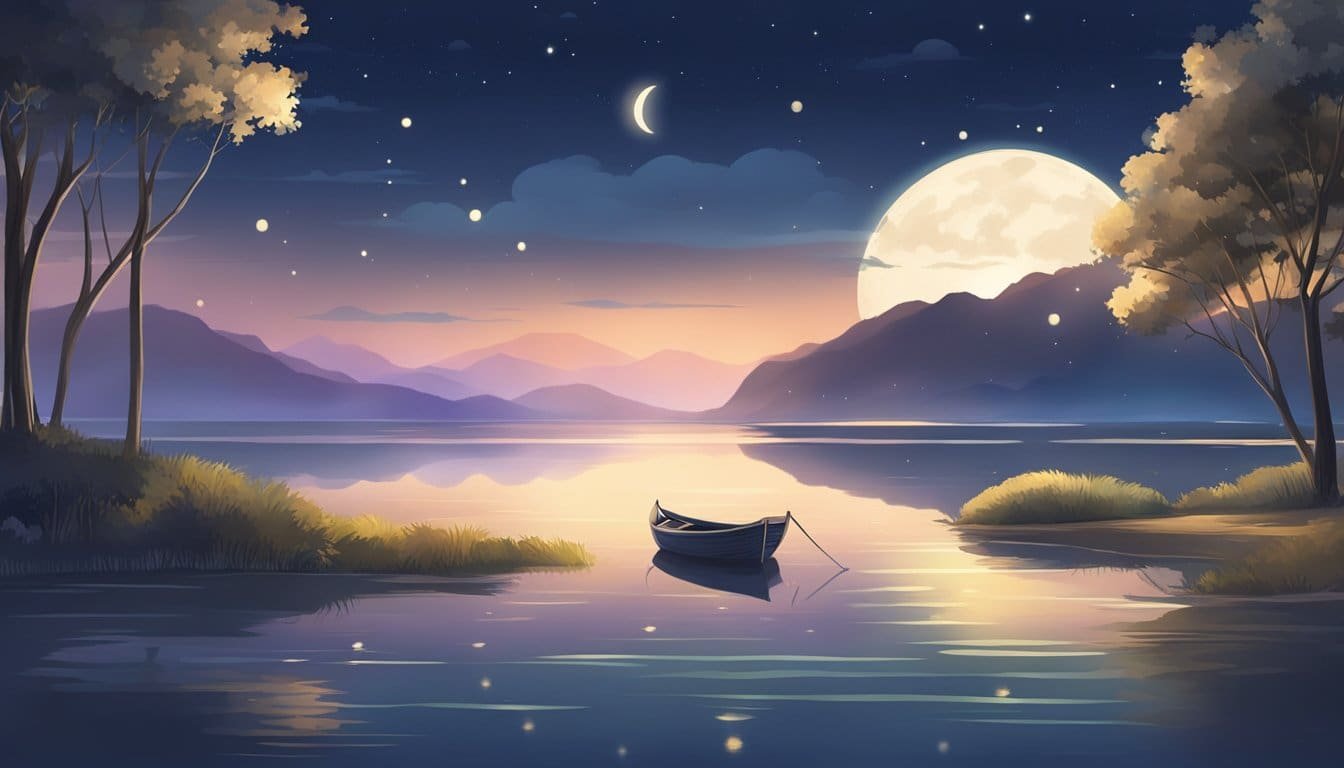 A peaceful night scene with a serene sky, a gentle breeze, and a sense of calm and tranquility