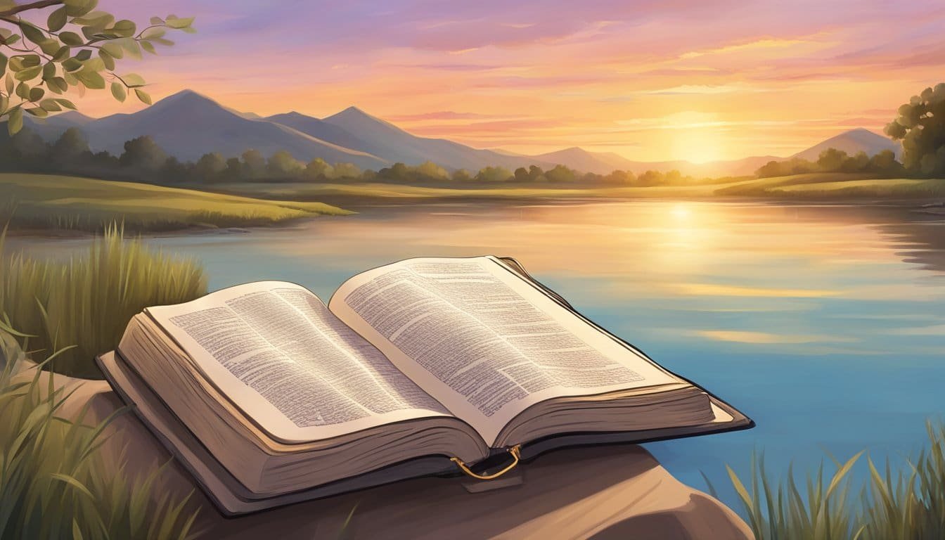 A serene landscape with a peaceful sunset, a Bible open to Proverbs 3:5, and a list of prayers for reflection
