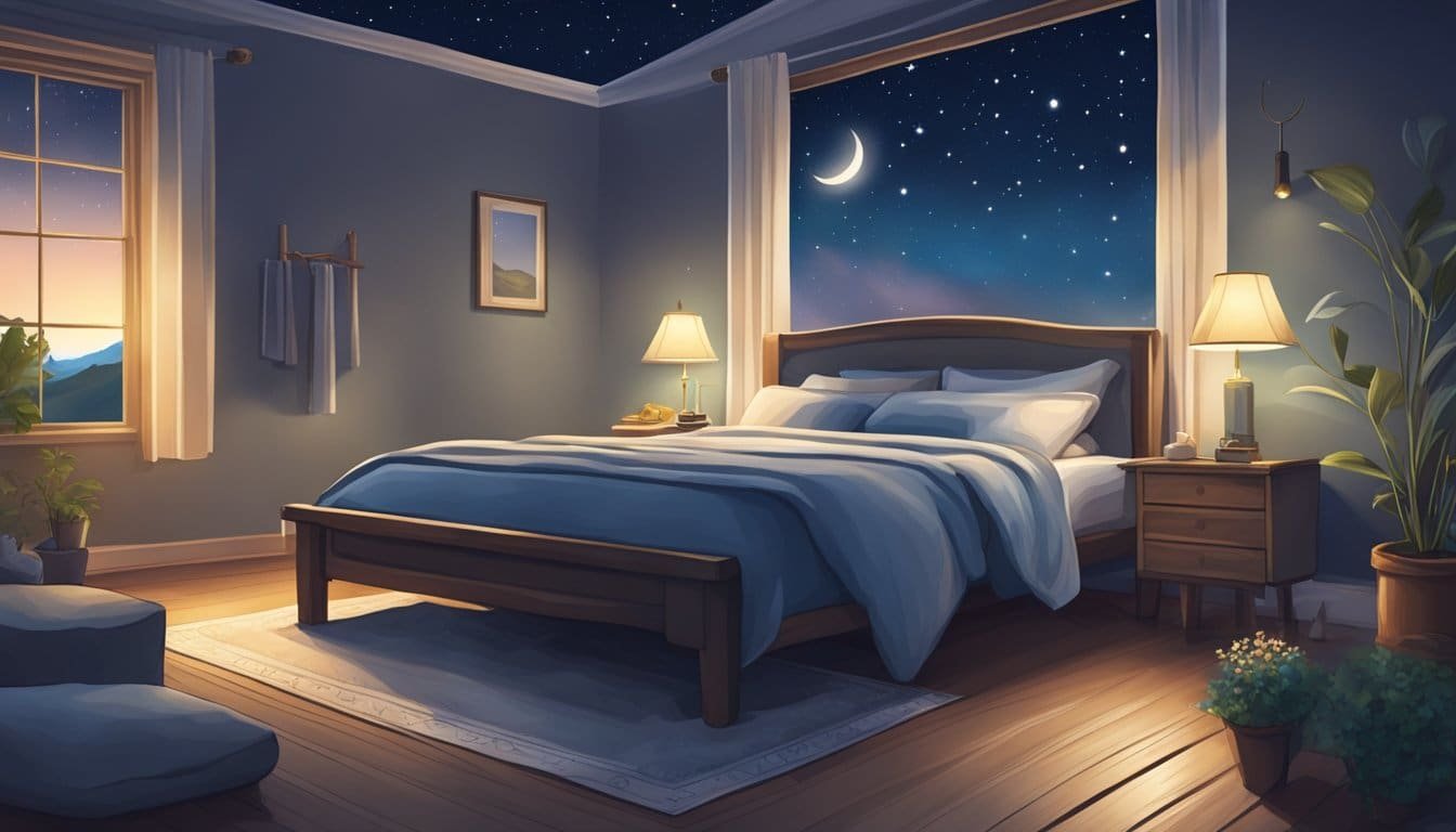 A serene night sky with stars twinkling above, a peaceful landscape with a gentle stream, and a cozy bed with a book of bedtime prayers open on the nightstand
