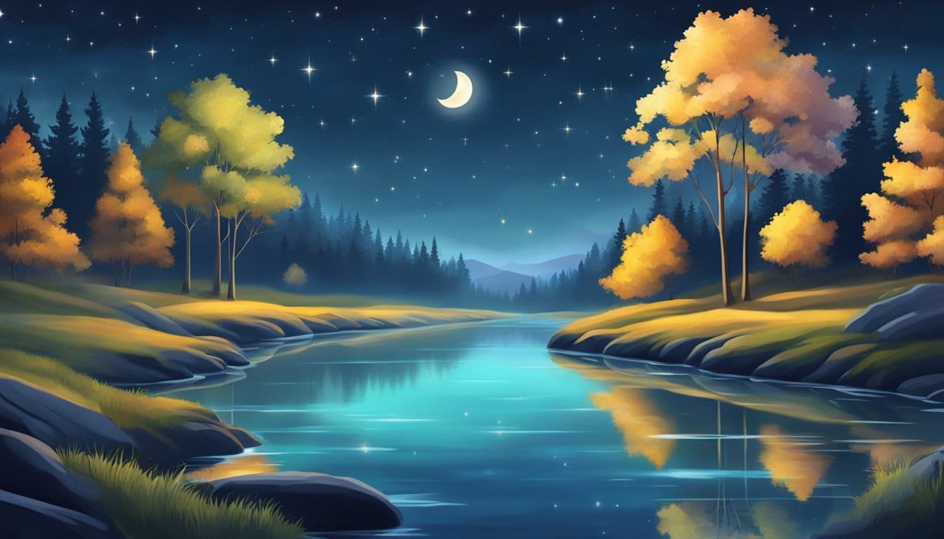 A serene, starlit night with a calm, flowing river and a peaceful forest, evoking a sense of tranquility and serenity