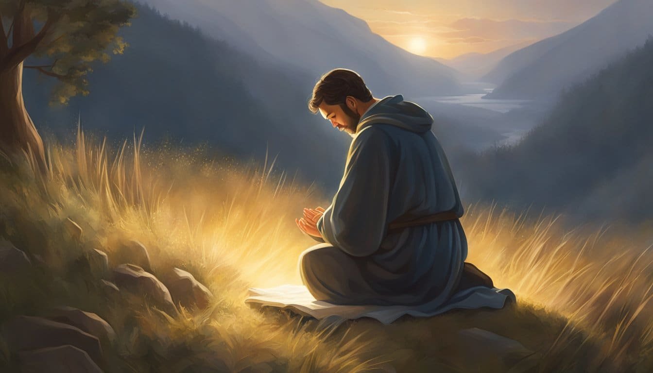 A figure kneels in prayer, surrounded by a warm, comforting light. The presence of the Lord is felt, as the figure calls on Him in truth