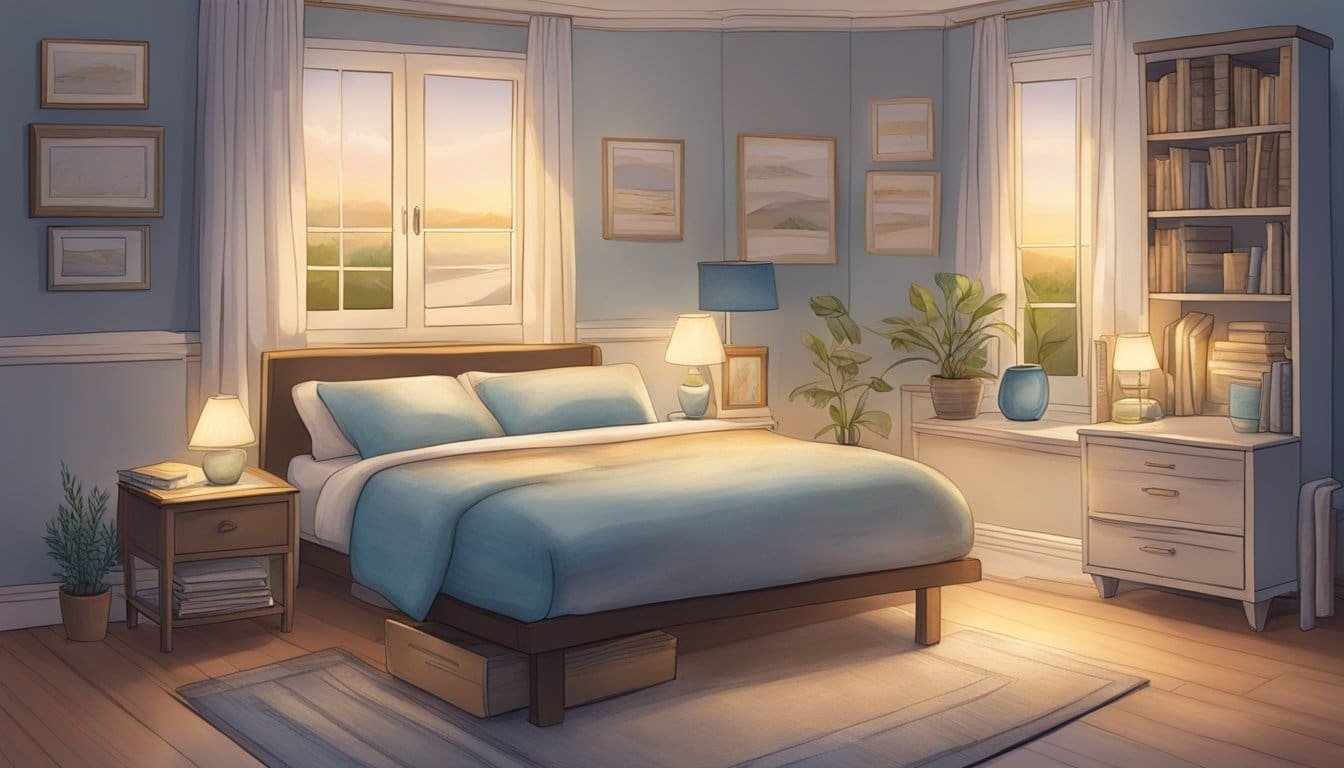 A peaceful bedroom with a softly lit nightstand, a book of bedtime prayers open to a page with the words "Dear God, thank you for today" highlighted