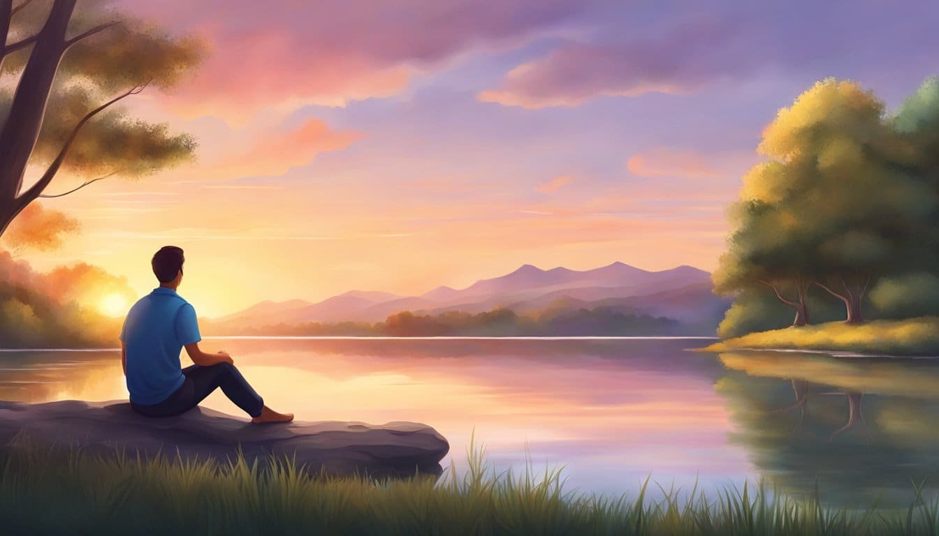 A serene sunset over a tranquil lake, with a figure sitting in quiet contemplation, surrounded by nature and a sense of peace