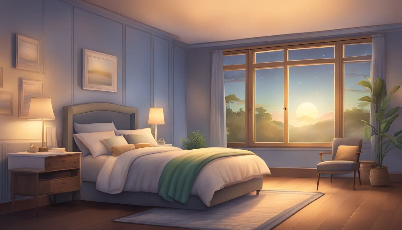 A serene bedtime scene with a peaceful setting, a soft glow, and a sense of tranquility
