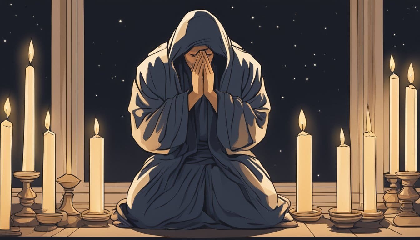 A figure kneels in a dark room, surrounded by soft candlelight. Their hands are clasped in prayer, as they seek protection and tranquility for the night ahead