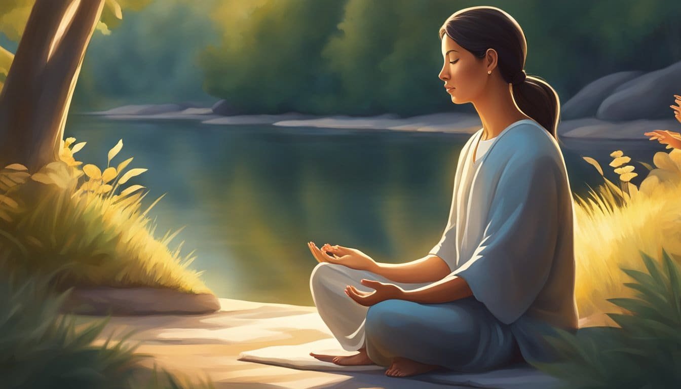 A serene figure sits in a peaceful setting, surrounded by nature. The sun is setting, casting a warm glow. The figure is deep in meditation, reflecting on prayers from the day