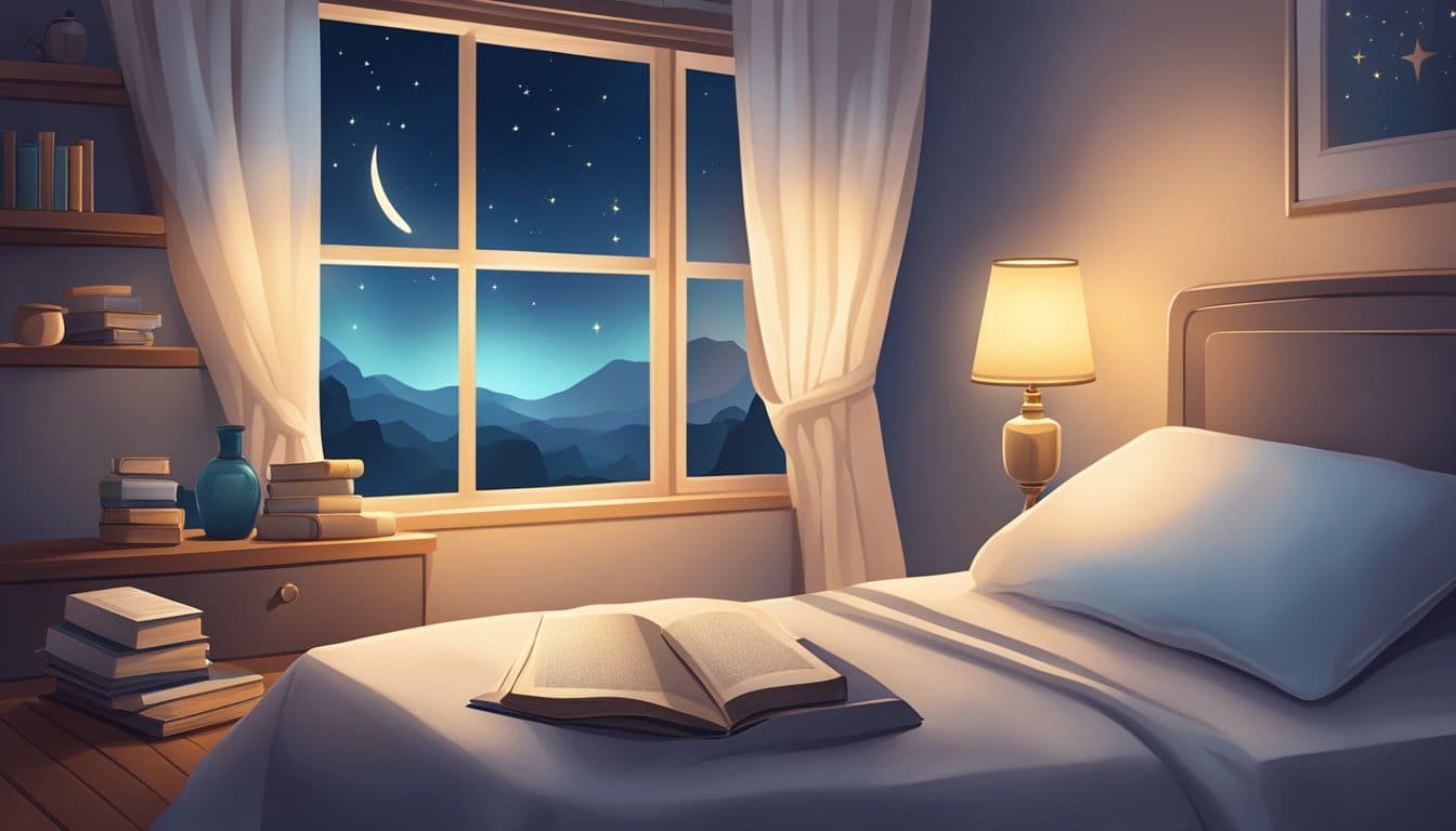 A serene bedroom scene with a soft glow from a bedside lamp, a peaceful night sky outside the window, and a collection of prayer books and calming objects on a nightstand