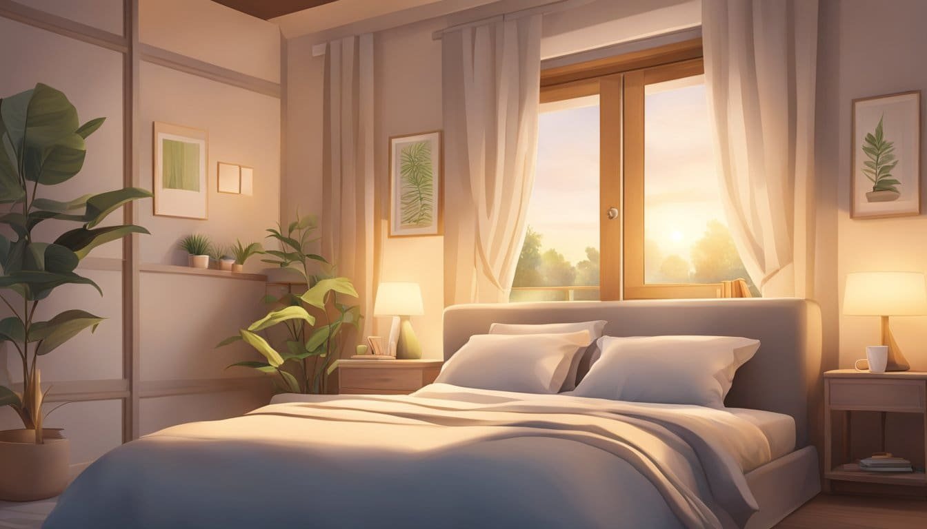 A serene bedroom with soft, warm lighting. A peaceful atmosphere with a bedside table holding a book of bedtime prayers. The room exudes a sense of tranquility and spiritual connection