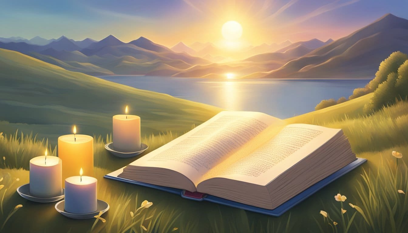 Sunrise over a serene landscape with rays of light illuminating a collection of open prayer books and lit candles
