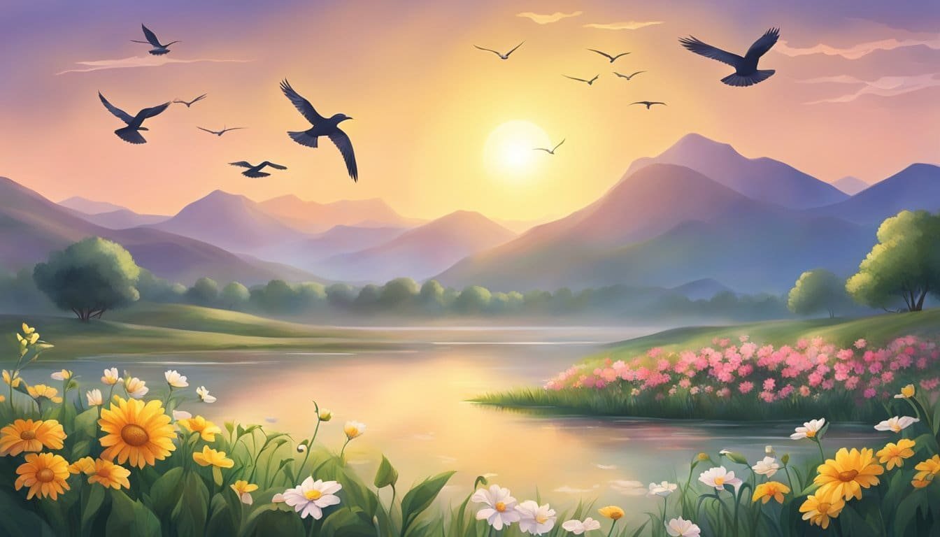 A sun rising over a serene landscape, with birds chirping and flowers blooming, creating a peaceful and joyful atmosphere