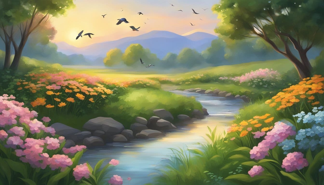 Sunrise over a serene landscape with birds chirping. A peaceful stream flows through the scene, surrounded by blooming flowers and lush greenery
