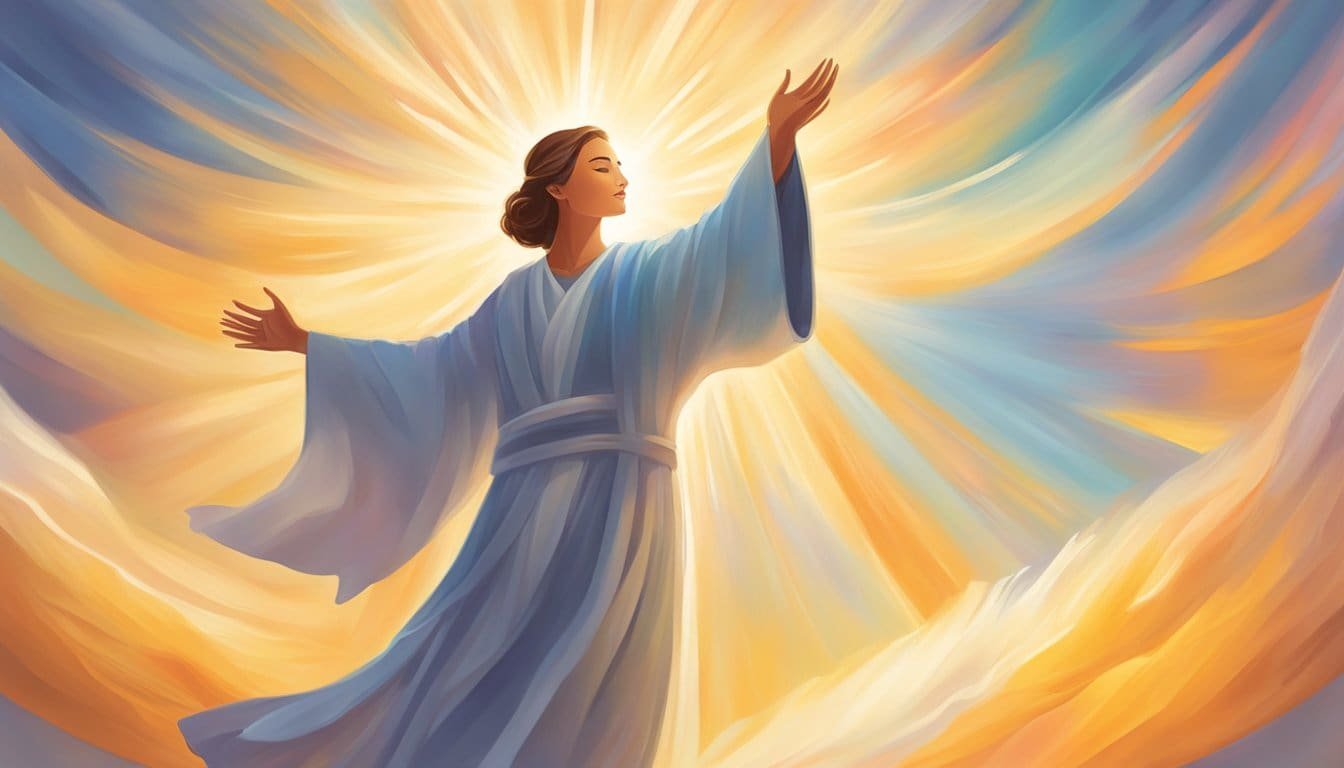 A figure stands with arms outstretched, surrounded by a warm, glowing light. The words "Holy Spirit, guide my thoughts and actions today" float above them, emanating a sense of peace and inspiration