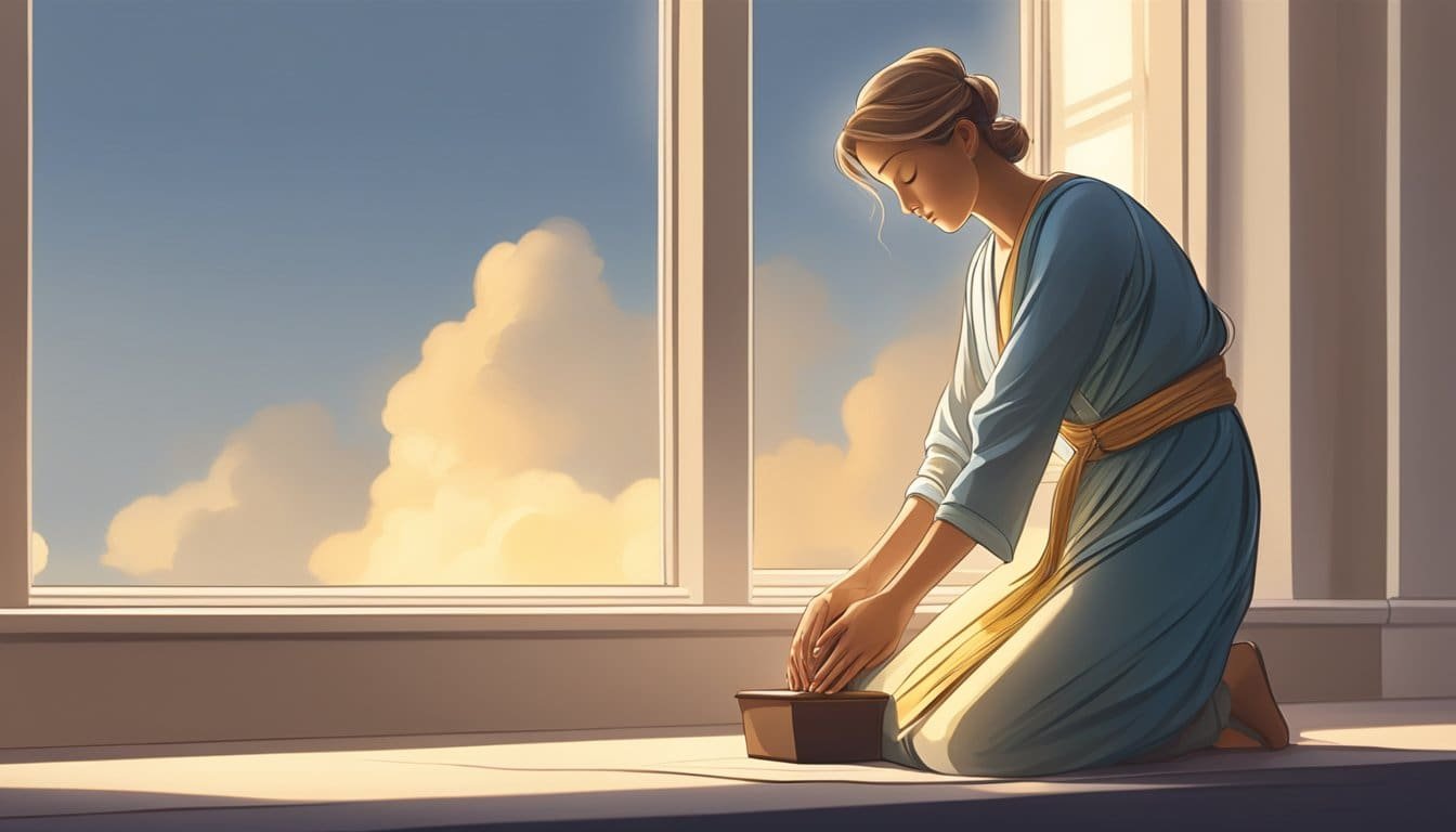 A serene figure kneels in prayer, hands clasped, eyes closed. The morning light filters through a window, casting a peaceful glow