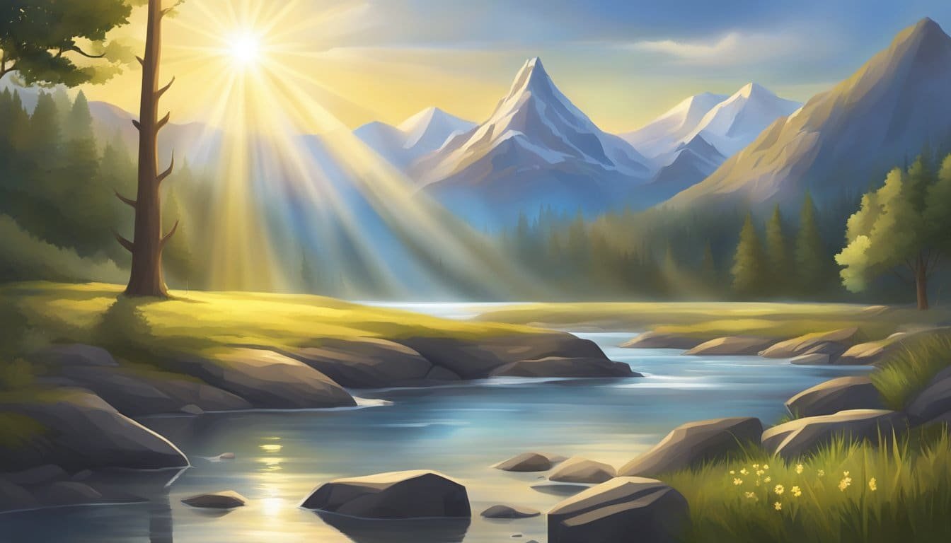 A serene landscape with a glowing compass and a beam of light shining down, symbolizing Jesus as the guiding force for peace and direction