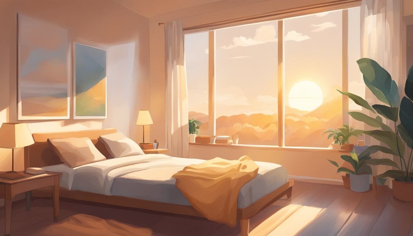 A serene, sunlit room with a gentle breeze, a sense of calm and contentment in the air. A warm glow fills the space, evoking feelings of peace and joy