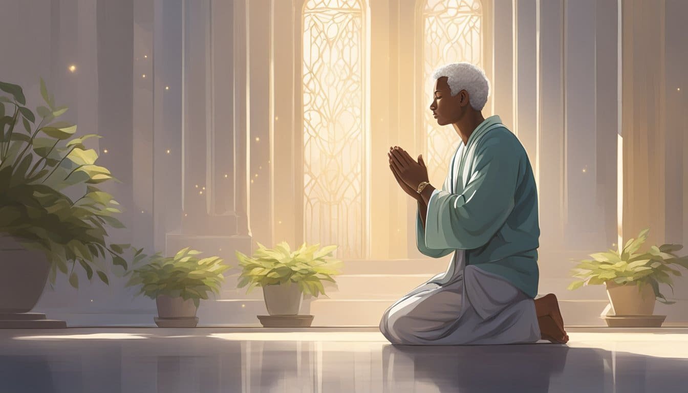 A figure kneels in a serene, sunlit space, with hands clasped in prayer. The atmosphere is calm and tranquil, with a sense of inner peace and reflection