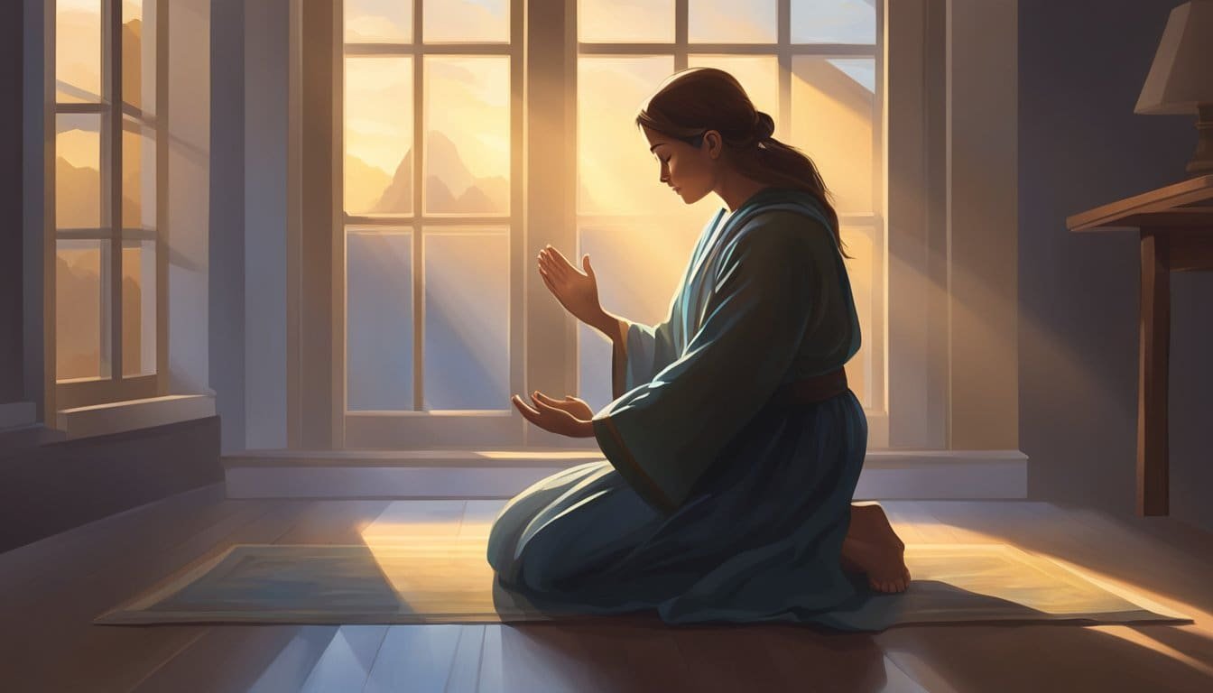 A figure kneels in prayer, arms outstretched for protection. Light streams in from a window, casting a warm glow on the scene