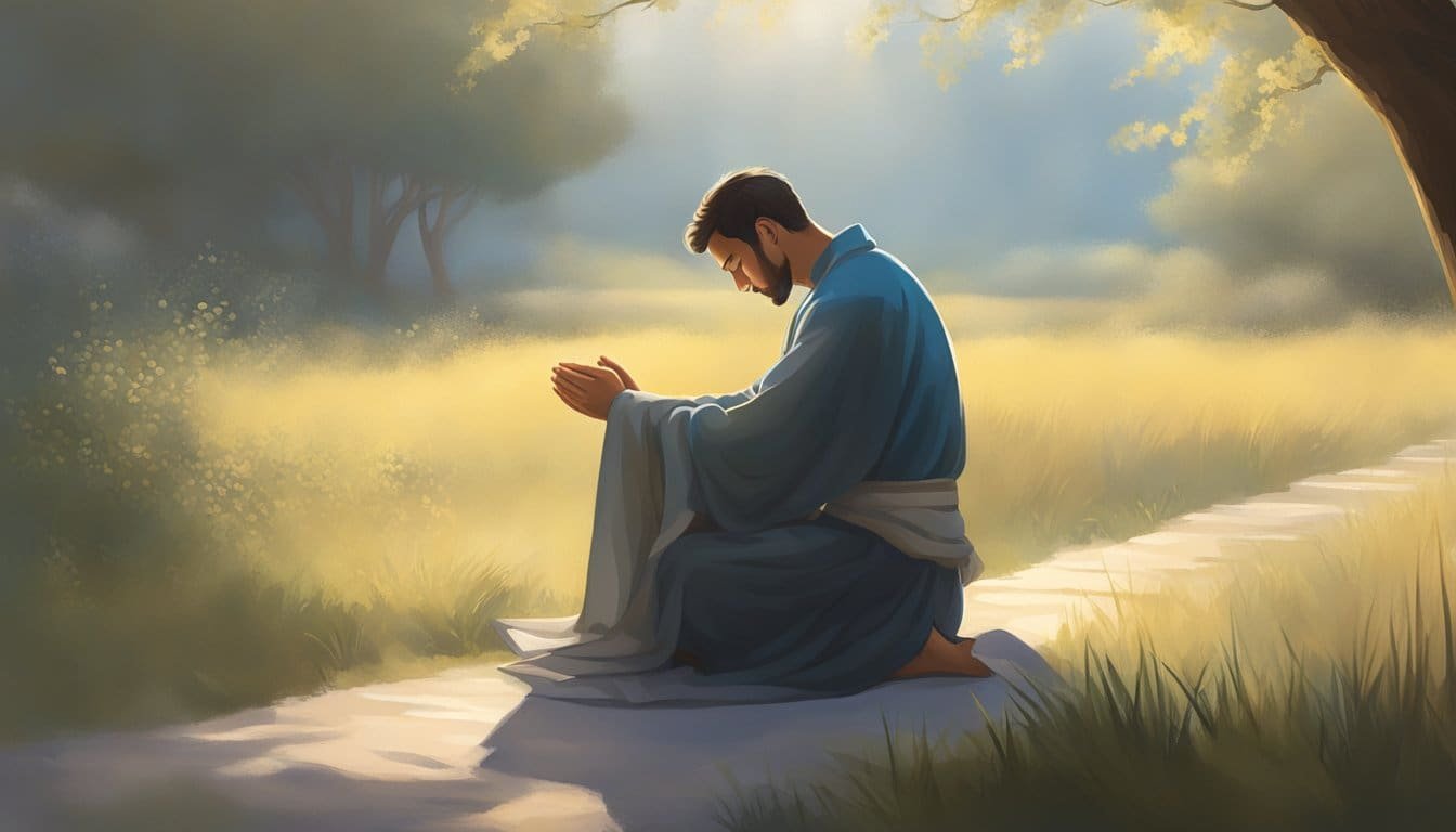 A figure kneeling in prayer, surrounded by soft morning light and a sense of tranquility