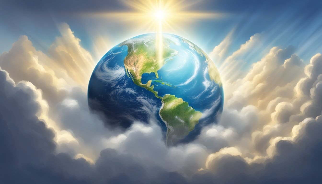 A radiant beam of light breaks through the clouds, illuminating the earth below