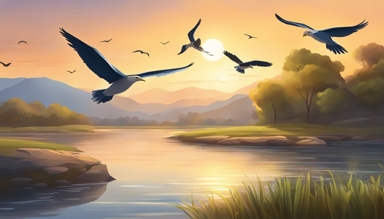Sunrise over a tranquil landscape, with a peaceful river flowing and birds soaring in the sky. A sense of hope and serenity fills the air