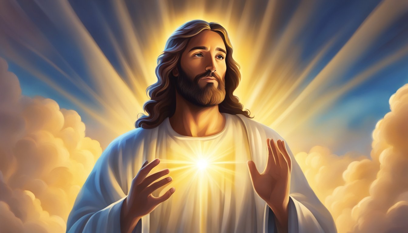 A radiant light shines from a figure, symbolizing Jesus, enveloping the surroundings with warmth and love