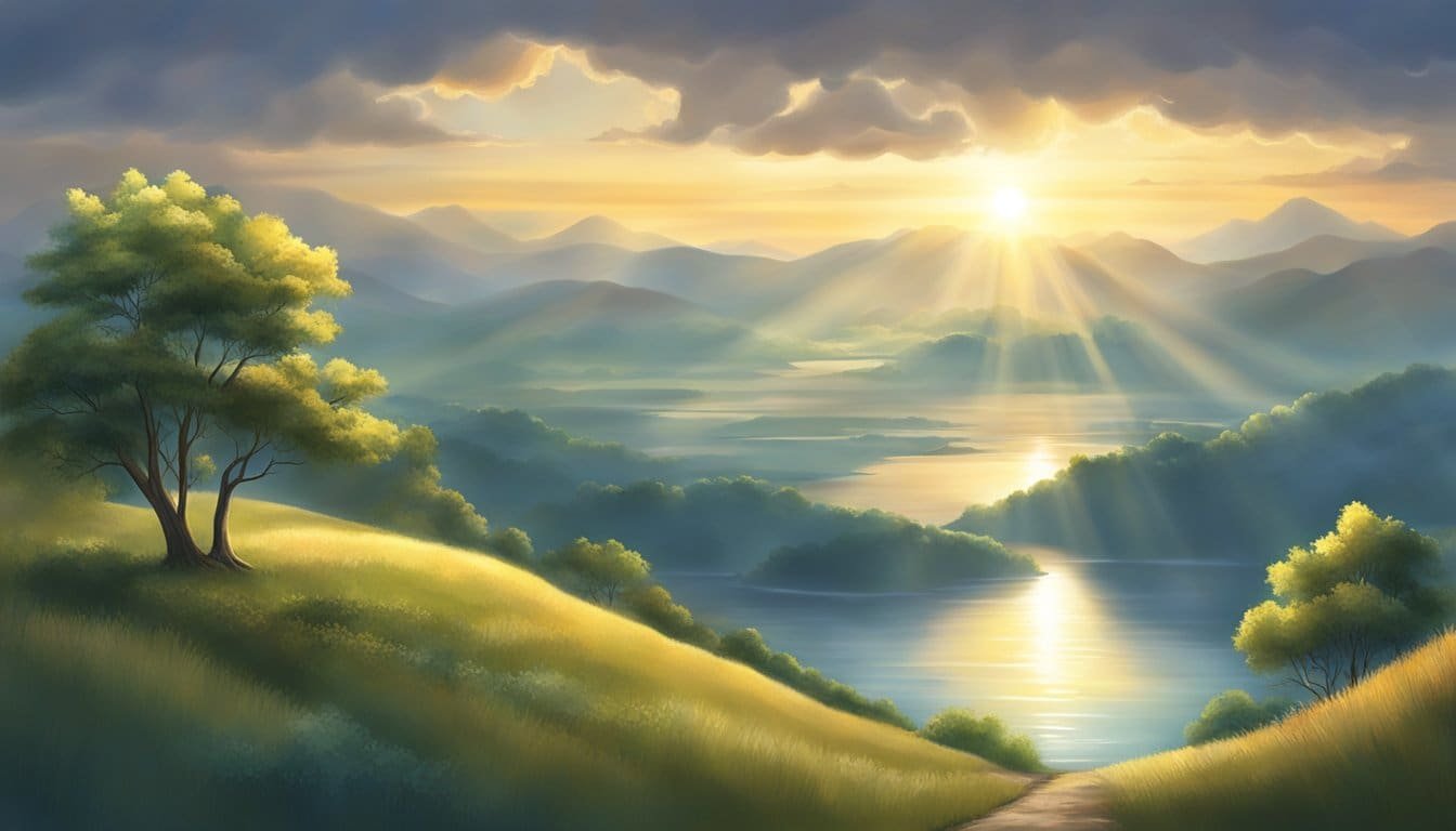 A sunrise over a tranquil landscape, with rays of light breaking through the clouds, symbolizing hope and praise