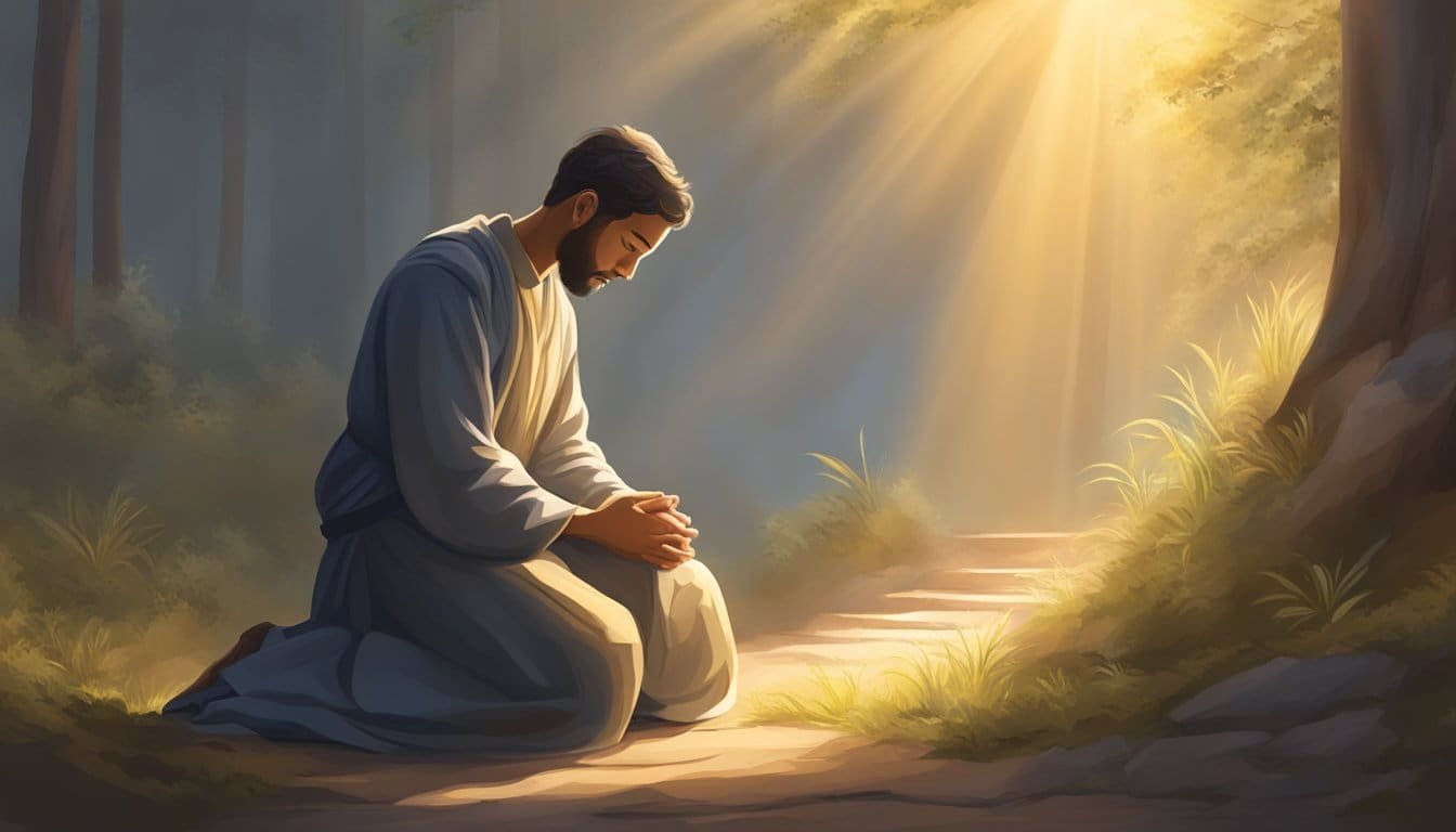 A figure kneels in prayer, surrounded by a warm, comforting light, with a sense of peace and protection emanating from above