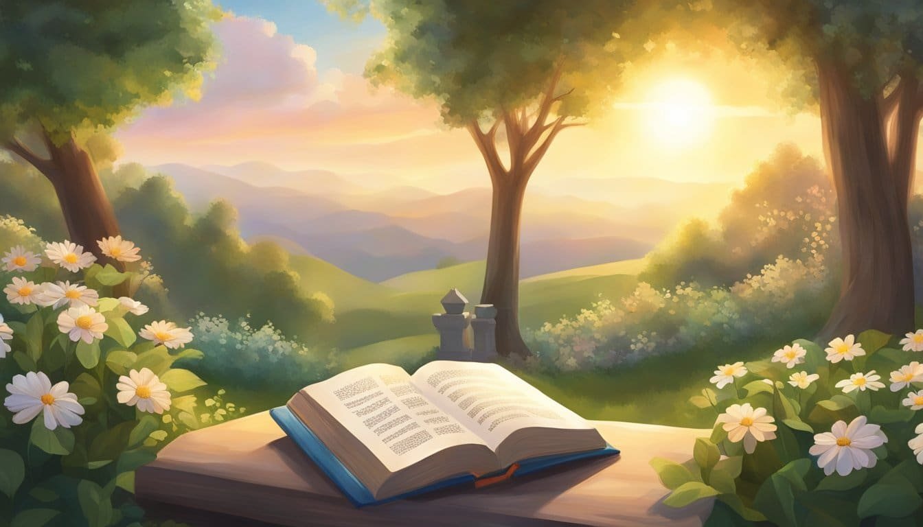 The sun rises over a serene landscape, as beams of light filter through the trees. A small altar is surrounded by flowers, with a book of morning prayers open and a sense of peace in the air